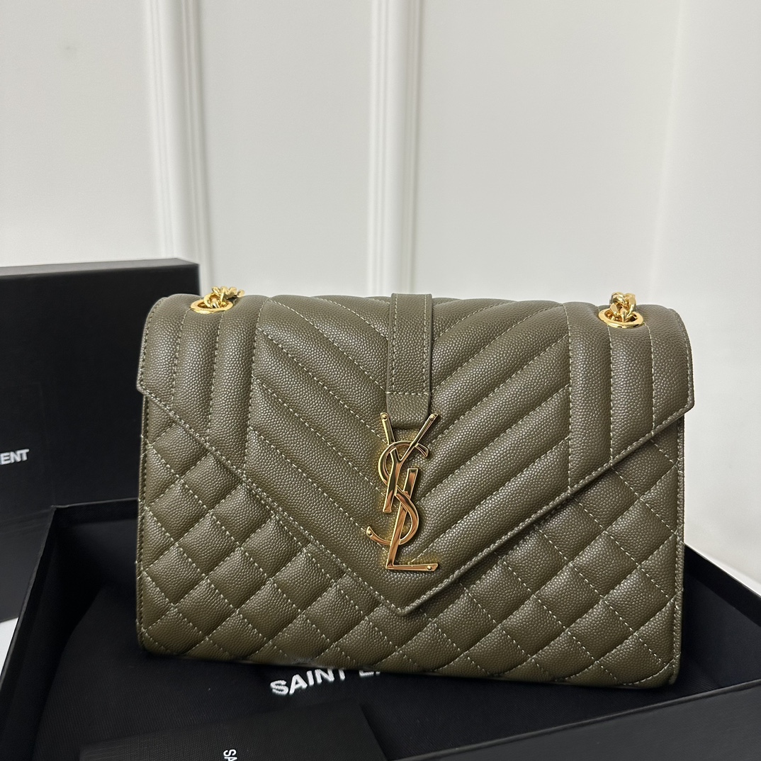 YSL Envelope 24CM Bag, Calfskin, V-Pattern Quilted Caviar Embossed Leather  