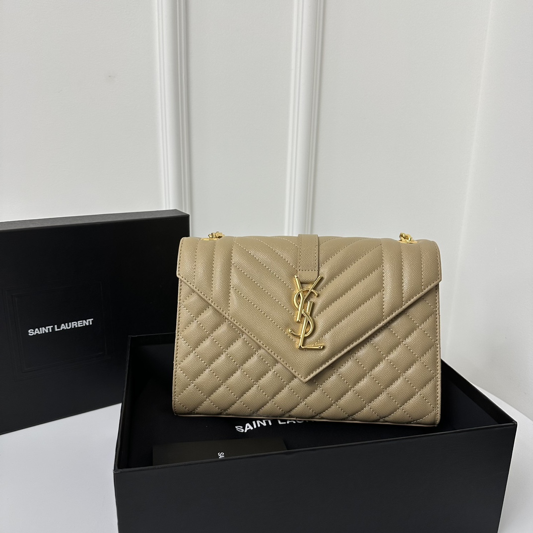 YSL Envelope 24CM Bag, Calfskin, V-Pattern Quilted Caviar Embossed Leather  