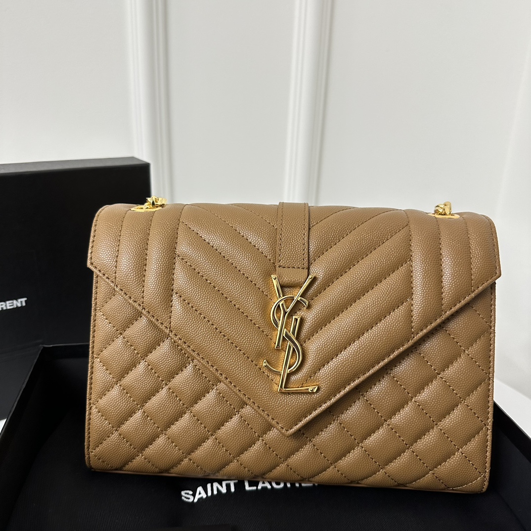 YSL Envelope 24CM Bag, Calfskin, V-Pattern Quilted Caviar Embossed Leather  