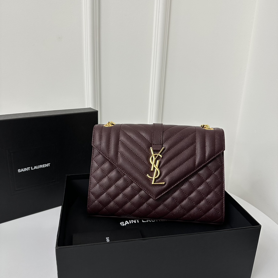 YSL Envelope 24CM Bag, Calfskin, V-Pattern Quilted Caviar Embossed Leather  