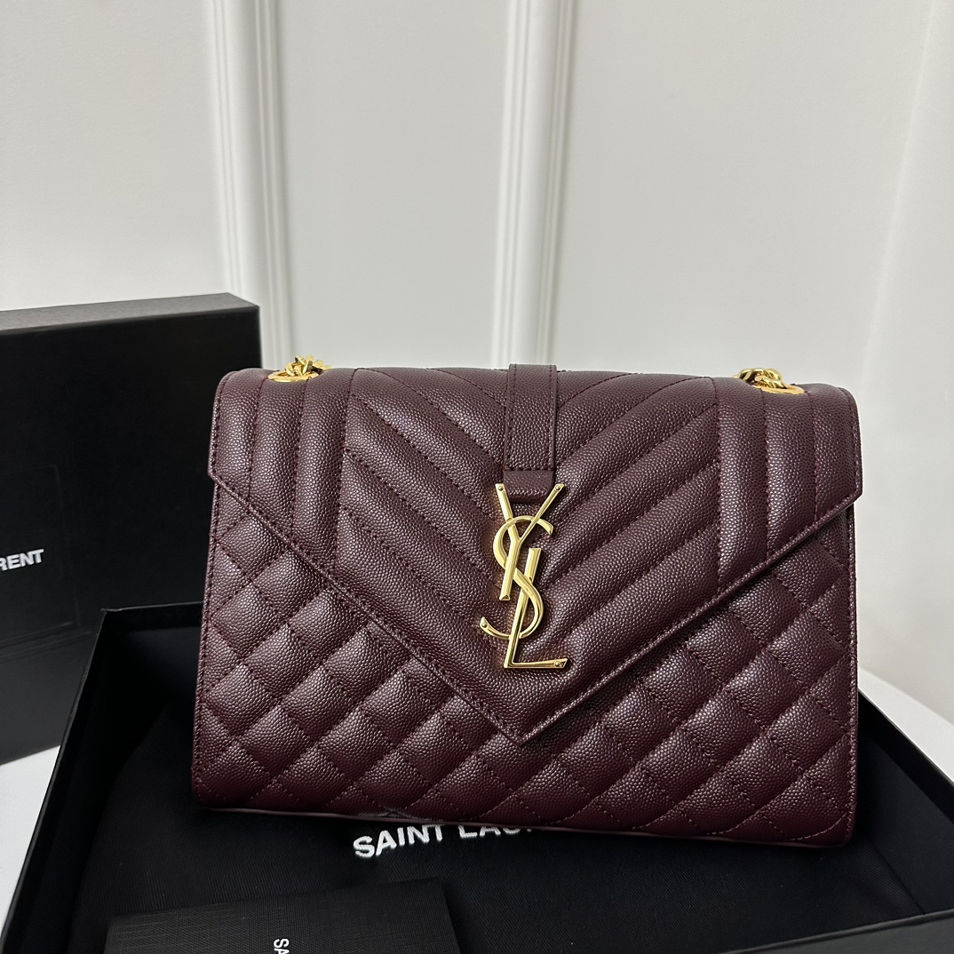 YSL Envelope 24CM Bag, Calfskin, V-Pattern Quilted Caviar Embossed Leather  