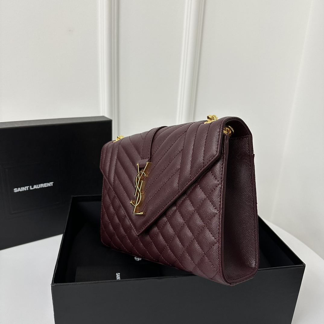 YSL Envelope 24CM Bag, Calfskin, V-Pattern Quilted Caviar Embossed Leather  