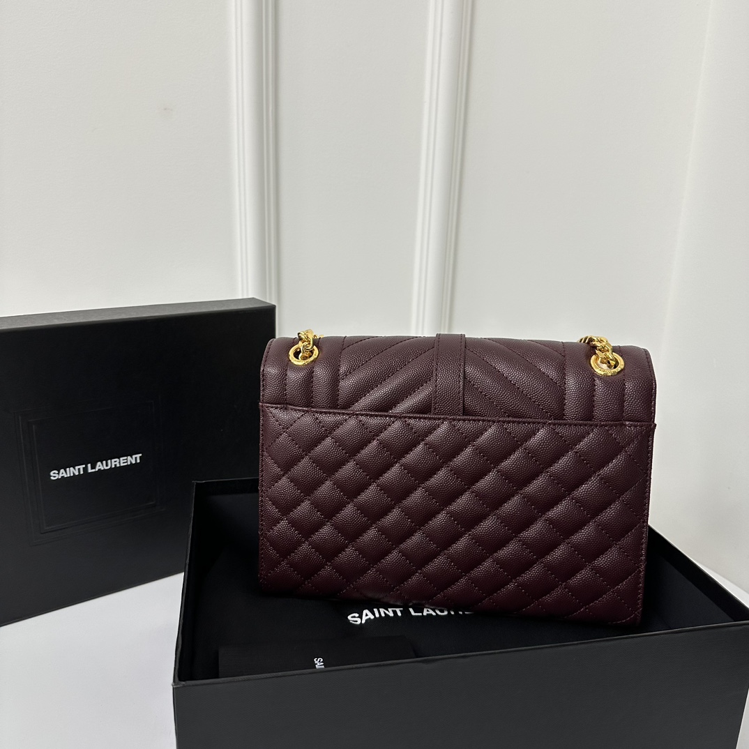 YSL Envelope 24CM Bag, Calfskin, V-Pattern Quilted Caviar Embossed Leather  