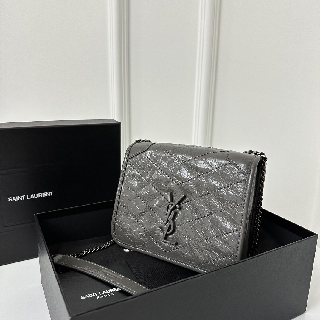 YSL Nikki Chain Wallet, Imported Oil Wax Wrinkle Cowhide  