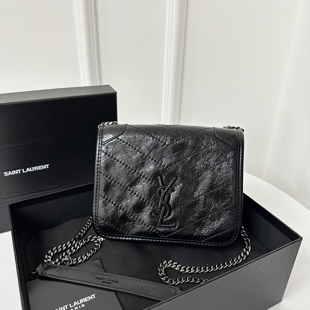 YSL Nikki Chain Wallet, Imported Oil Wax Wrinkle Cowhide  