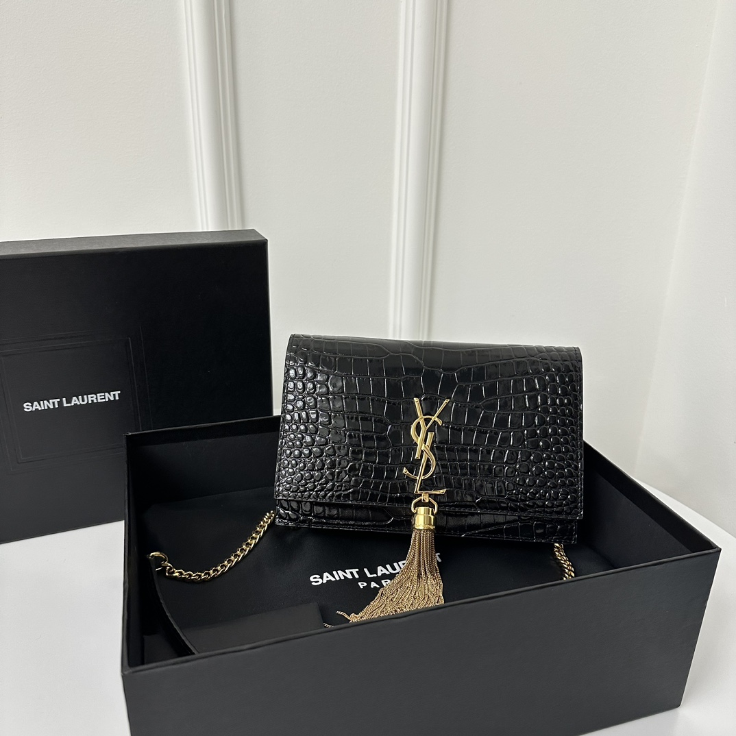 YSL Kate 19cm Crocodile Embossed Leather Classic Fringed Chain Bag  