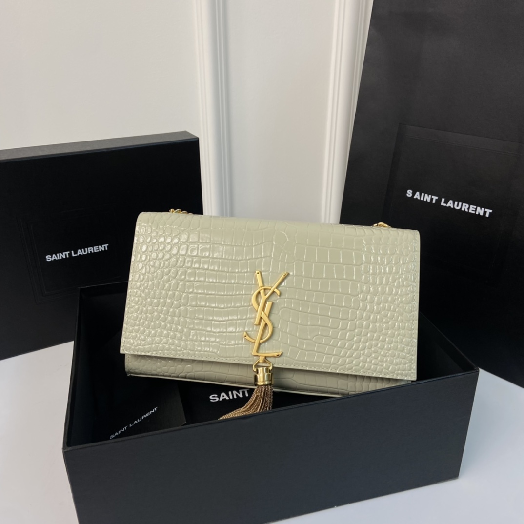 Crocodile Embossed YSL Kate 24CM Fringed Chain Bag  