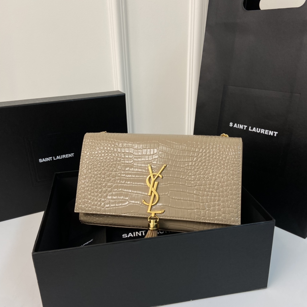 Crocodile Embossed YSL Kate 24CM Fringed Chain Bag  