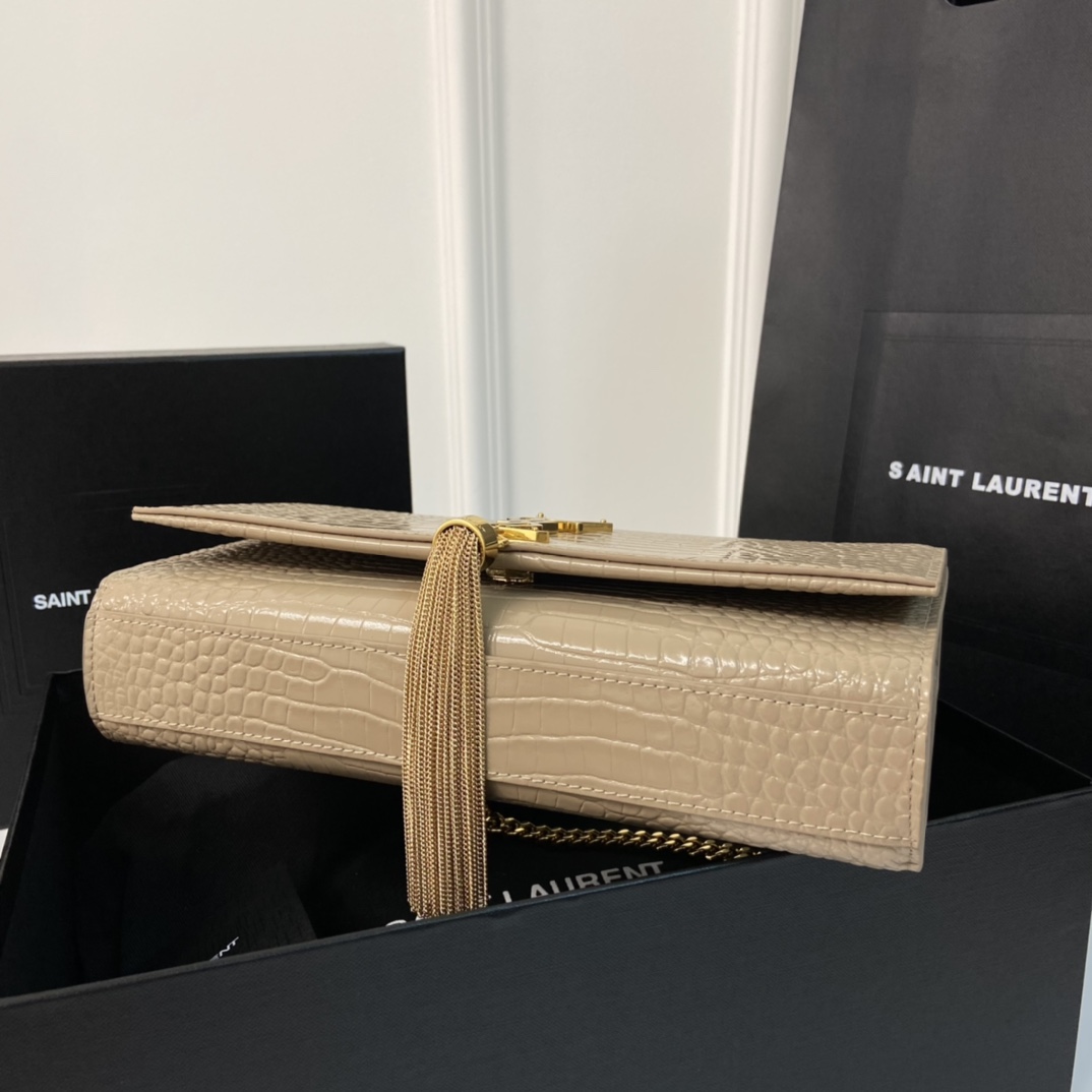 Crocodile Embossed YSL Kate 24CM Fringed Chain Bag  