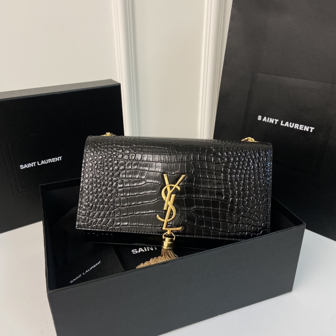 Crocodile Embossed YSL Kate 24CM Fringed Chain Bag  