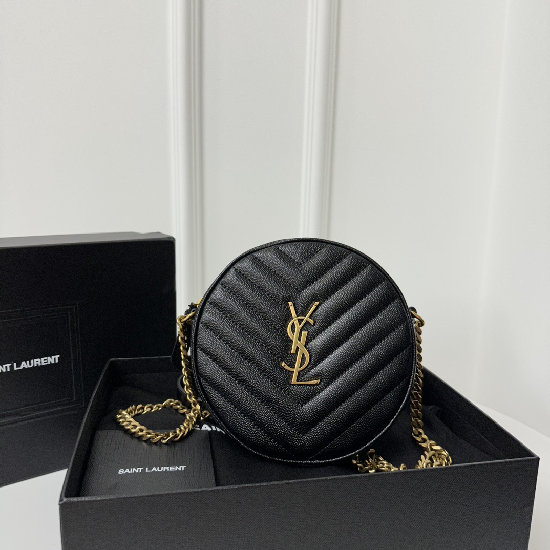 YSL Vinyle Cute Small Round Bag, Imported High-Quality Caviar Embossed Genuine Leather