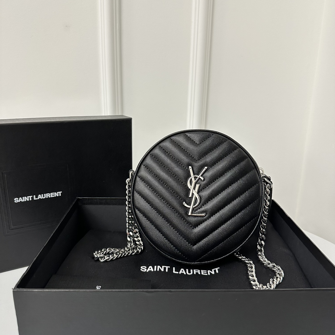 YSL Vinyle Cute Small Round Bag, Imported High-Quality Caviar Embossed Genuine Leather