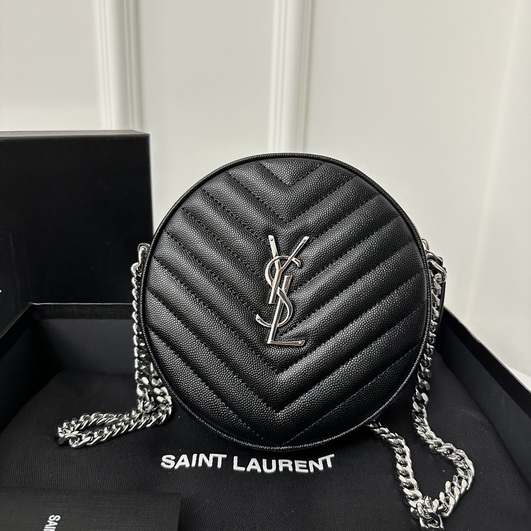 YSL Vinyle Cute Small Round Bag, Imported High-Quality Caviar Embossed Genuine Leather