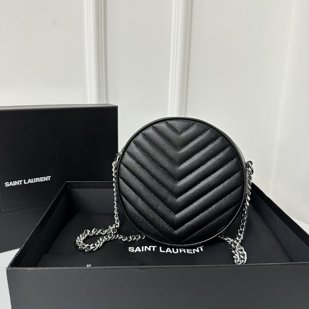 YSL Vinyle Cute Small Round Bag, Imported High-Quality Caviar Embossed Genuine Leather