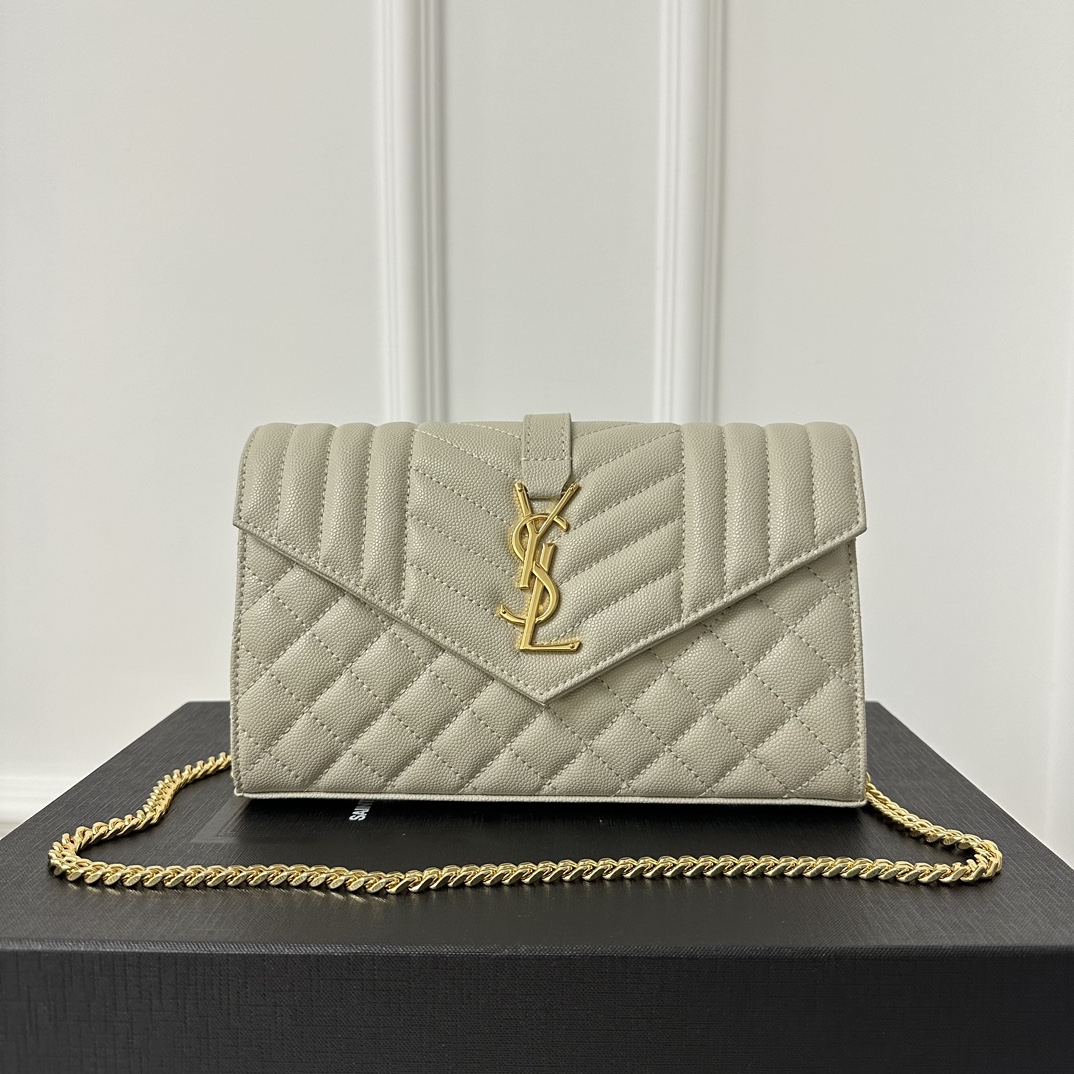 YSL Envelope Chain Wallet 22.5cm, Grained Embossed Leather, V-Quilted with Caviar Grain Pattern, Calfskin  