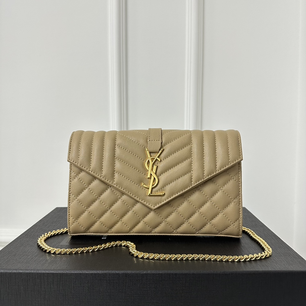 YSL Envelope Chain Wallet 22.5cm, Grained Embossed Leather, V-Quilted with Caviar Grain Pattern, Calfskin  