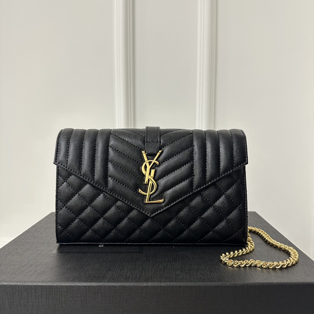 YSL Envelope Chain Wallet 22.5cm, Grained Embossed Leather, V-Quilted with Caviar Grain Pattern, Calfskin  