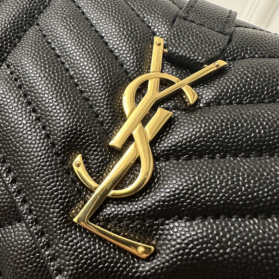 YSL Envelope Chain Wallet 22.5cm, Grained Embossed Leather, V-Quilted with Caviar Grain Pattern, Calfskin  