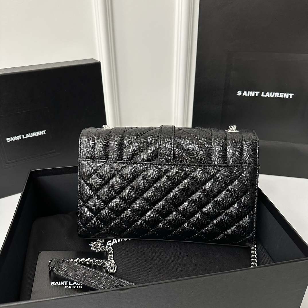 Small 21cm YSL Envelope Grainy Embossed Stitched Genuine Leather Clutch, V Pattern with Caviar Embossed Grid Texture, Cowhide