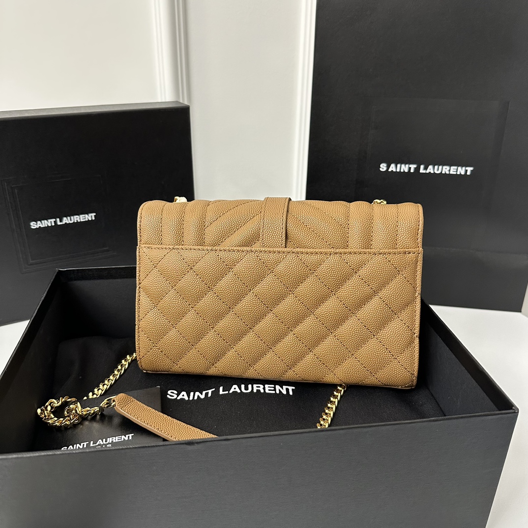 Small 21cm YSL Envelope Grainy Embossed Stitched Genuine Leather Clutch, V Pattern with Caviar Embossed Grid Texture, Cowhide