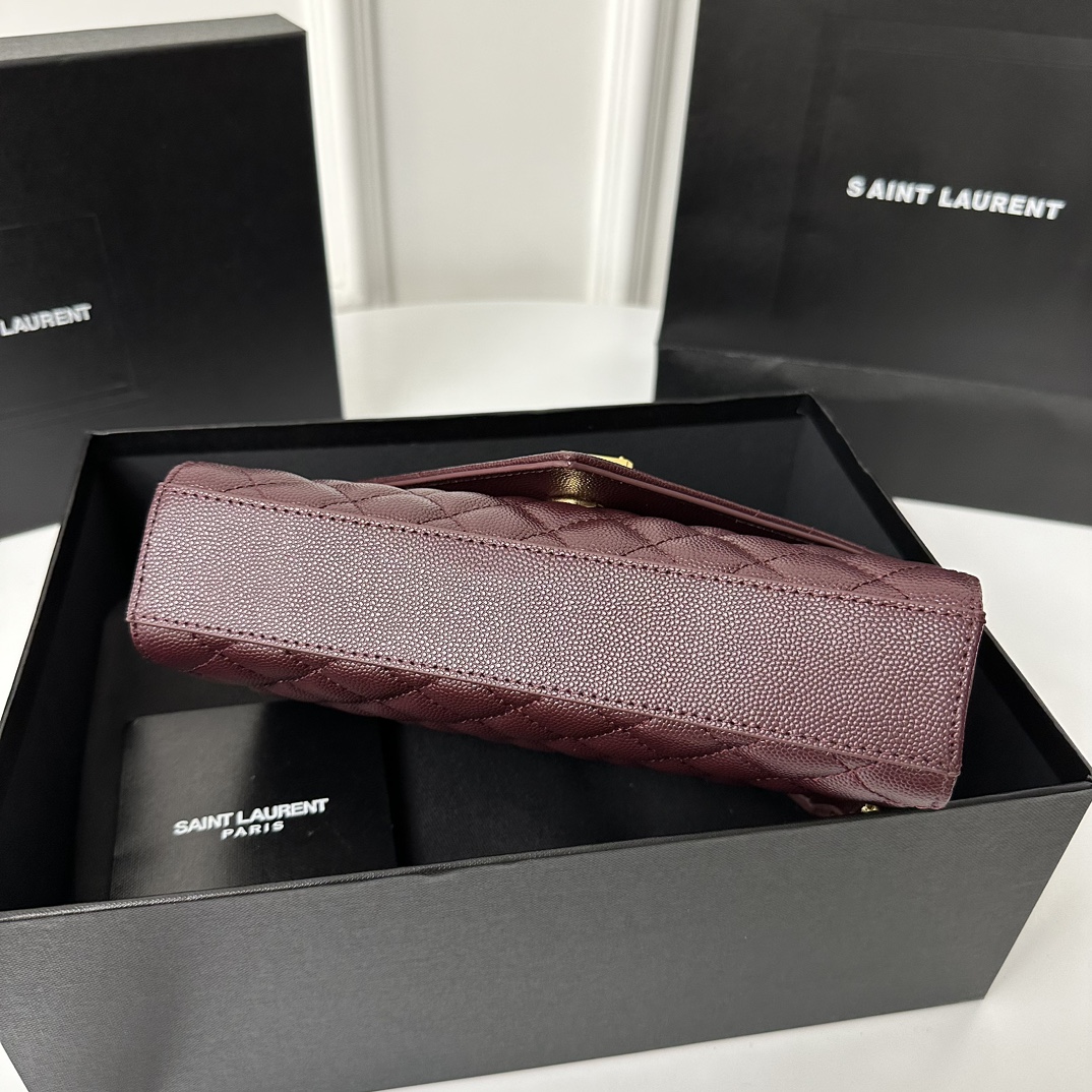 Small 21cm YSL Envelope Grainy Embossed Stitched Genuine Leather Clutch, V Pattern with Caviar Embossed Grid Texture, Cowhide