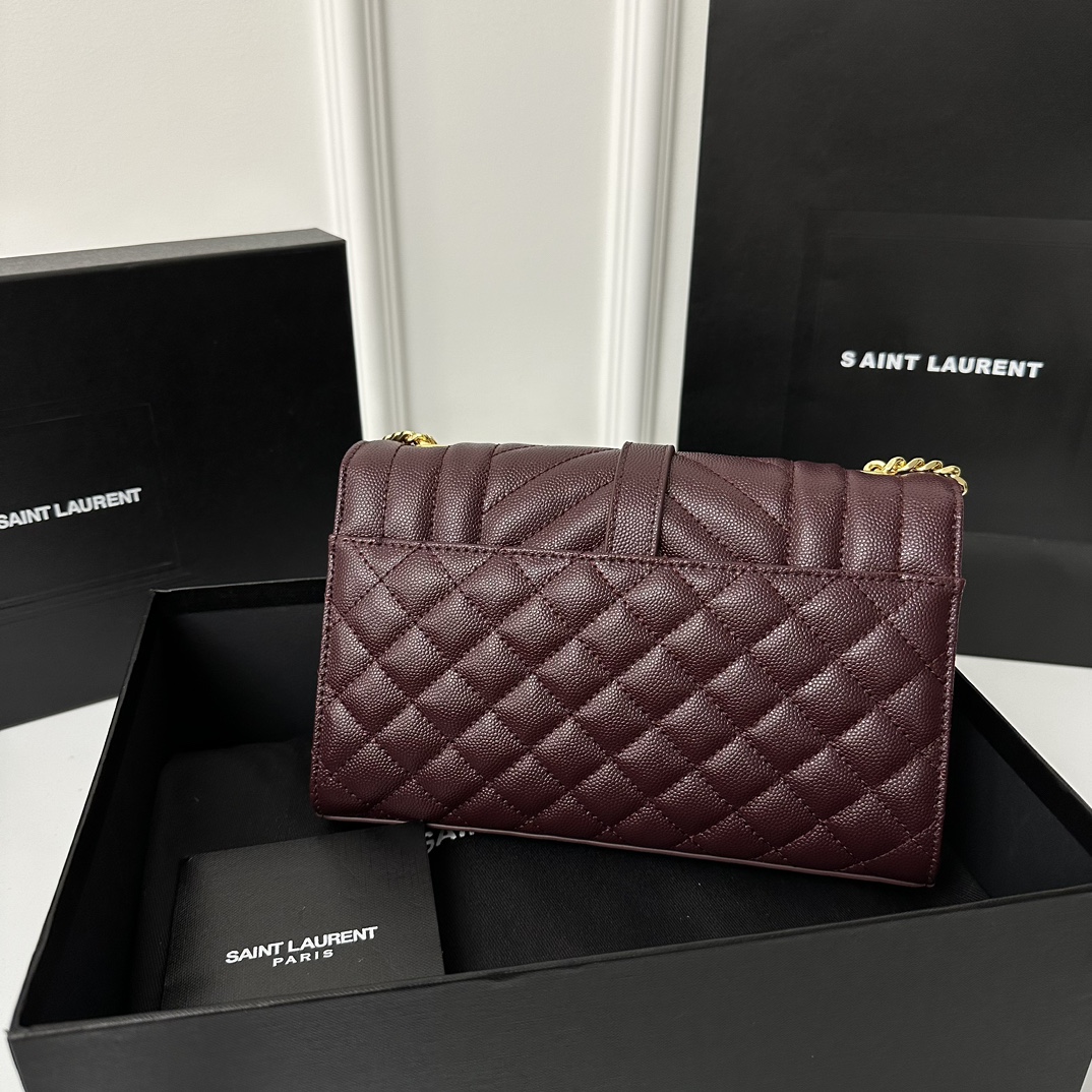 Small 21cm YSL Envelope Grainy Embossed Stitched Genuine Leather Clutch, V Pattern with Caviar Embossed Grid Texture, Cowhide