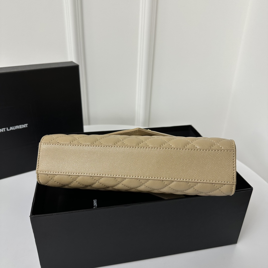 24cm YSL Envelope Grainy Embossed Stitched Genuine Leather Clutch, V Pattern with Caviar Embossed Grid Texture, Cowhide