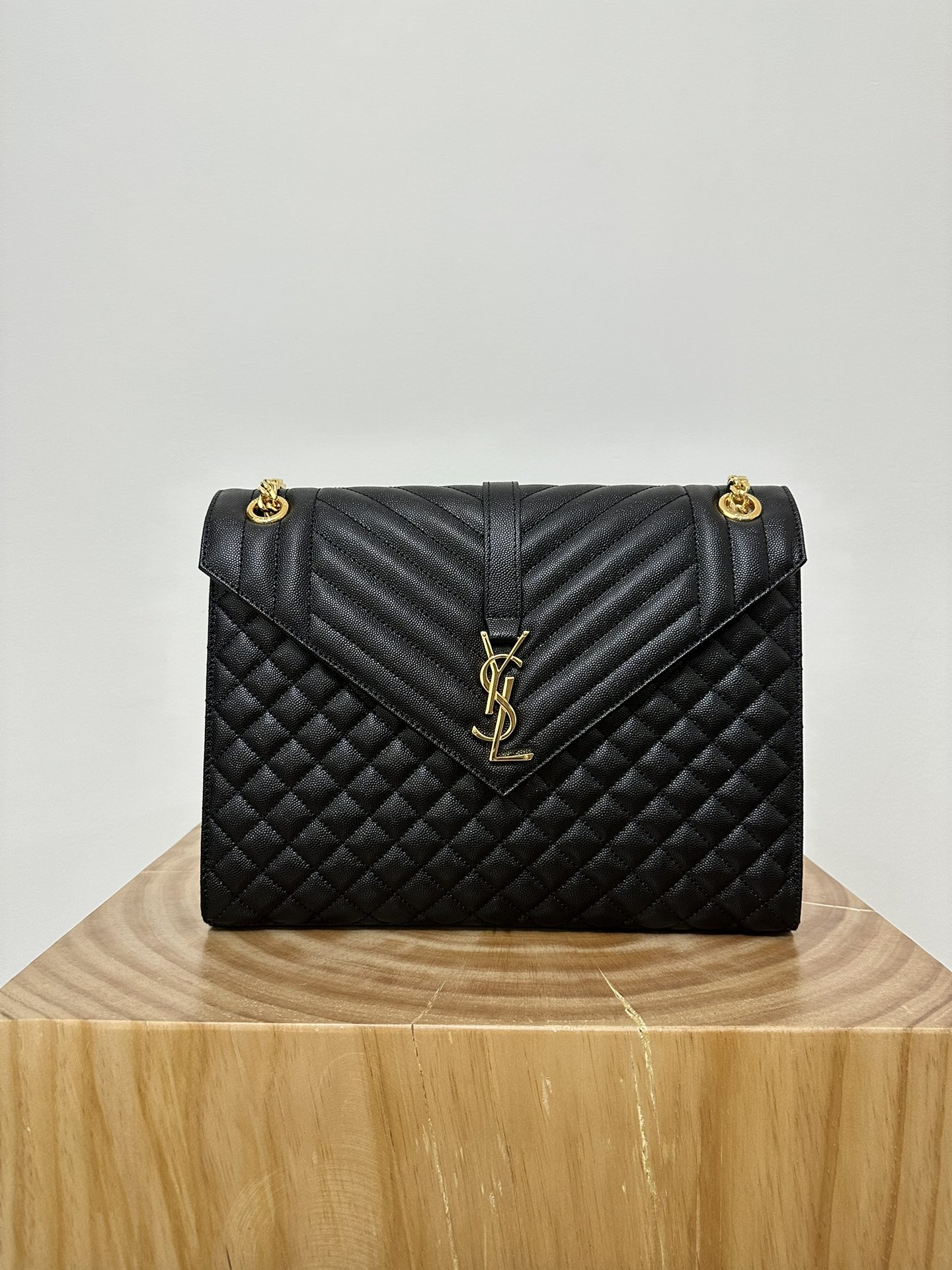 Large YSL Envelope, V Pattern with Caviar Embossed Grid Texture, Cowhide