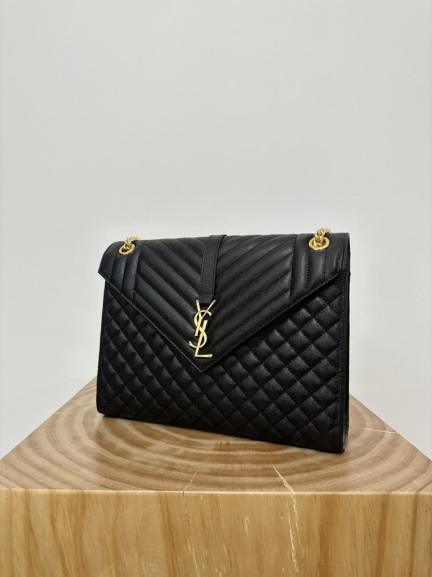 Large YSL Envelope, V Pattern with Caviar Embossed Grid Texture, Cowhide