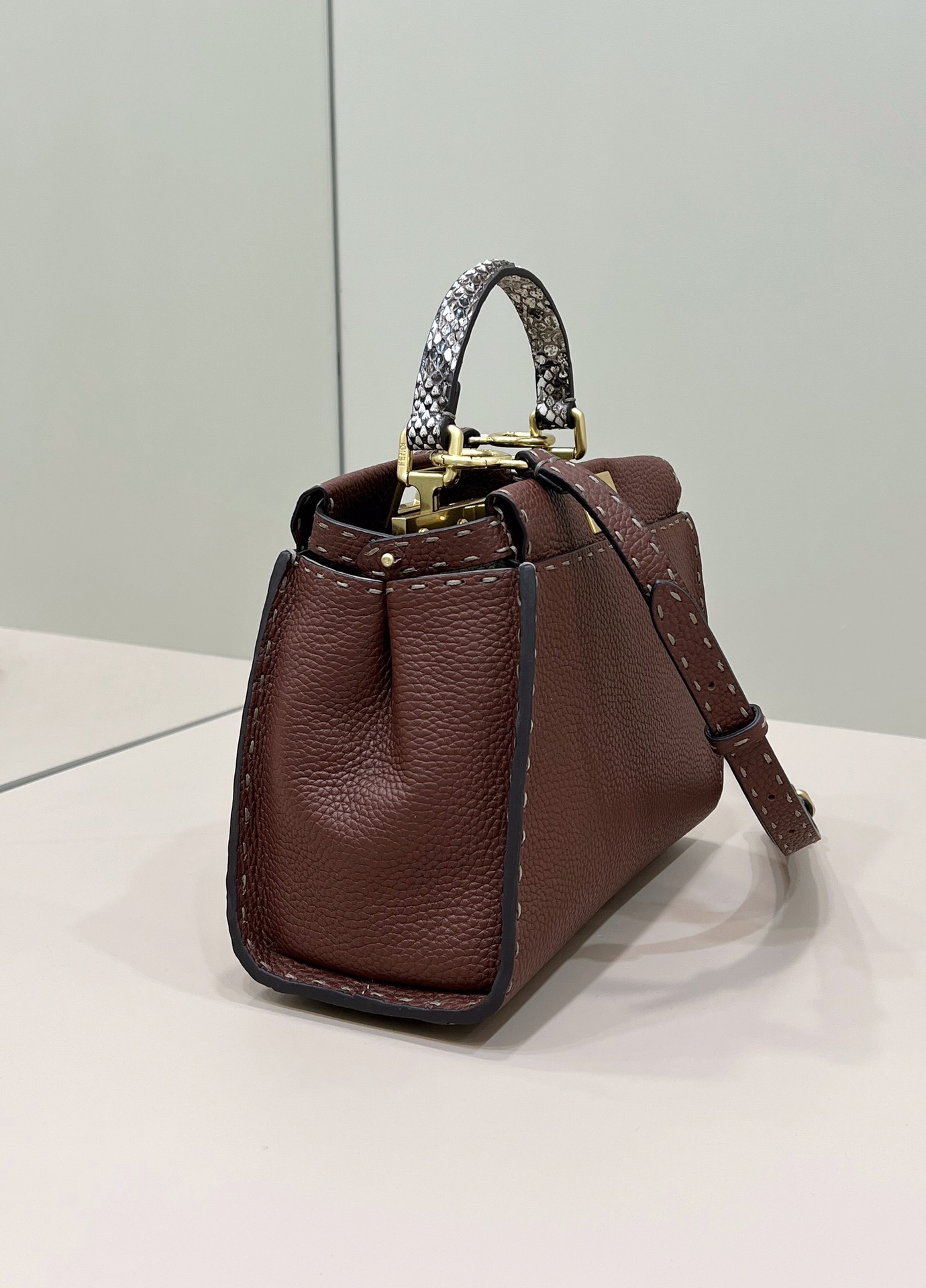 Peekaboo Commuter Bag with Hand-Sewn Outer Stitching, Full Calfskin with Snake Skin Wrist Model no: 8551