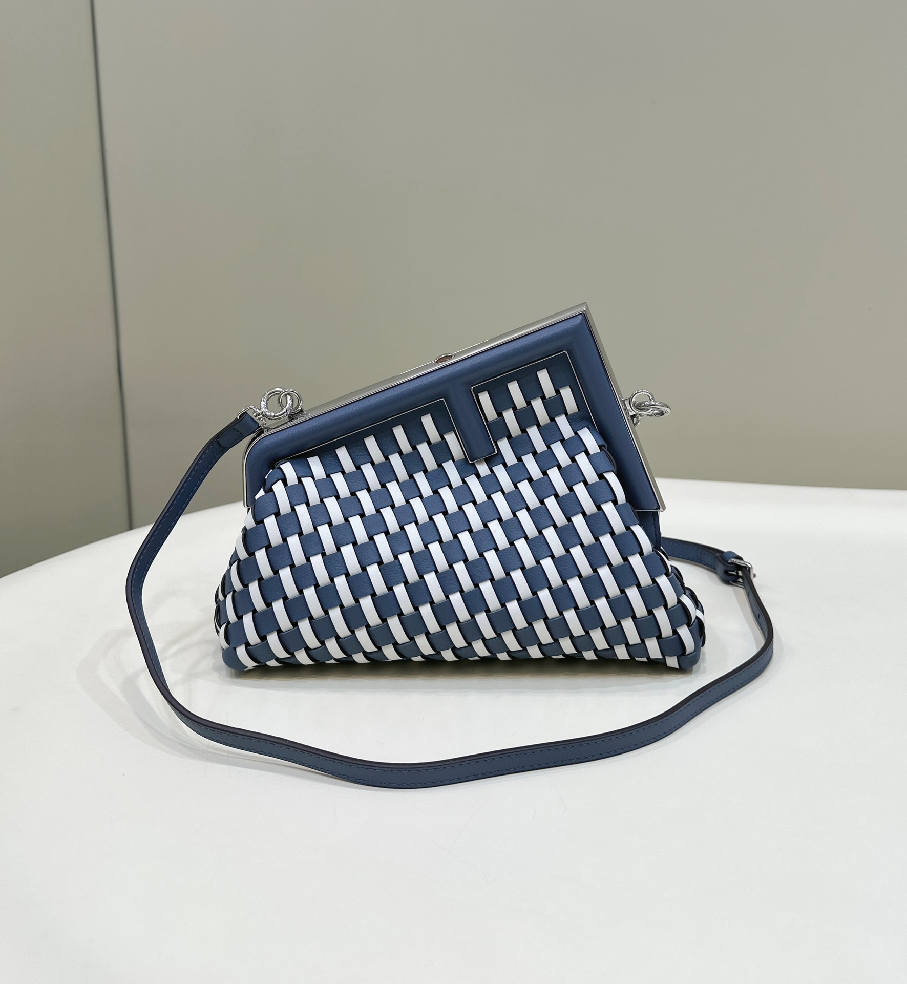 FENDI First Sight Handbag, Blue and White All Leather Handcrafted Weave Model no: 80103A