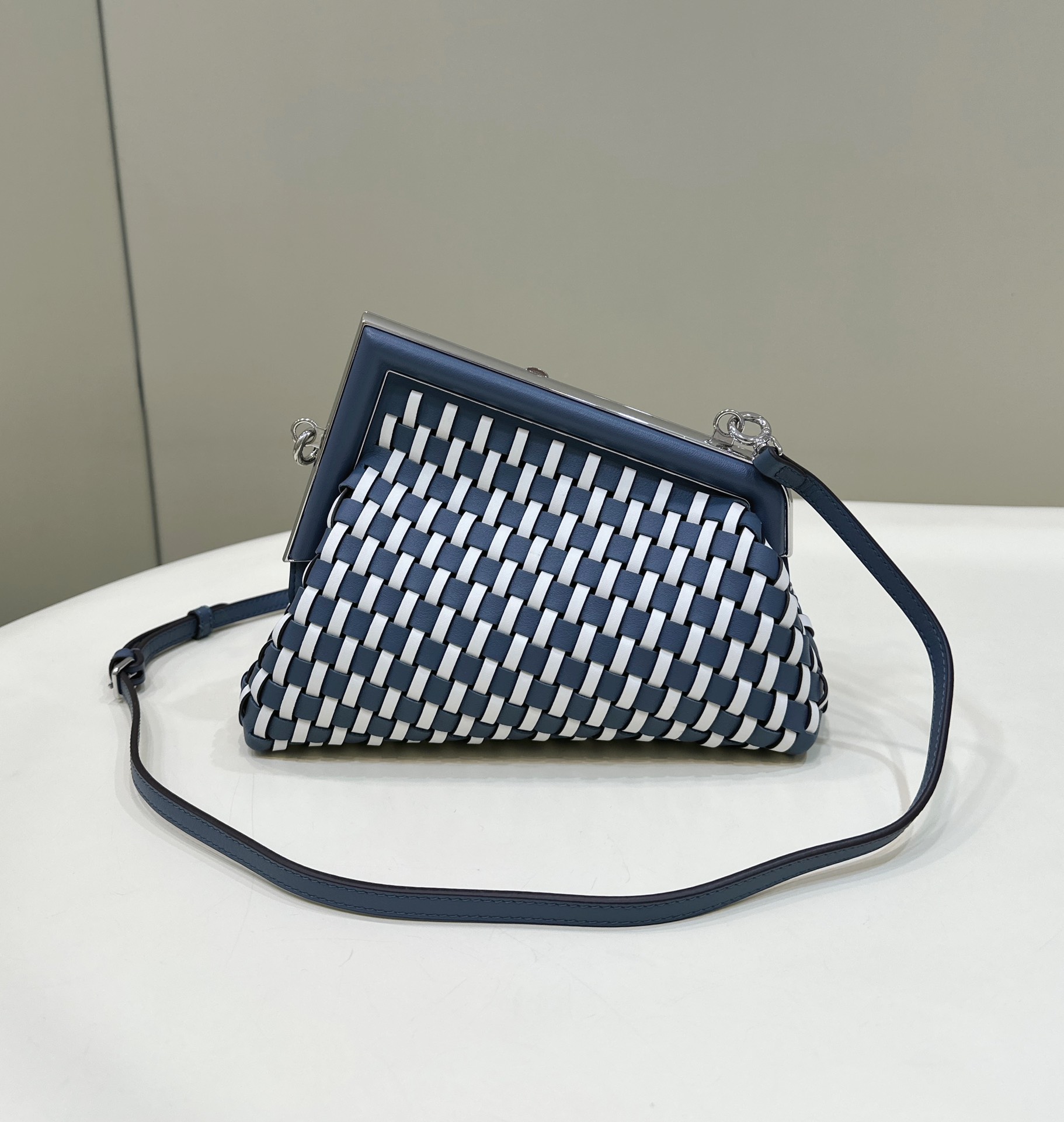 FENDI First Sight Handbag, Blue and White All Leather Handcrafted Weave Model no: 80103A