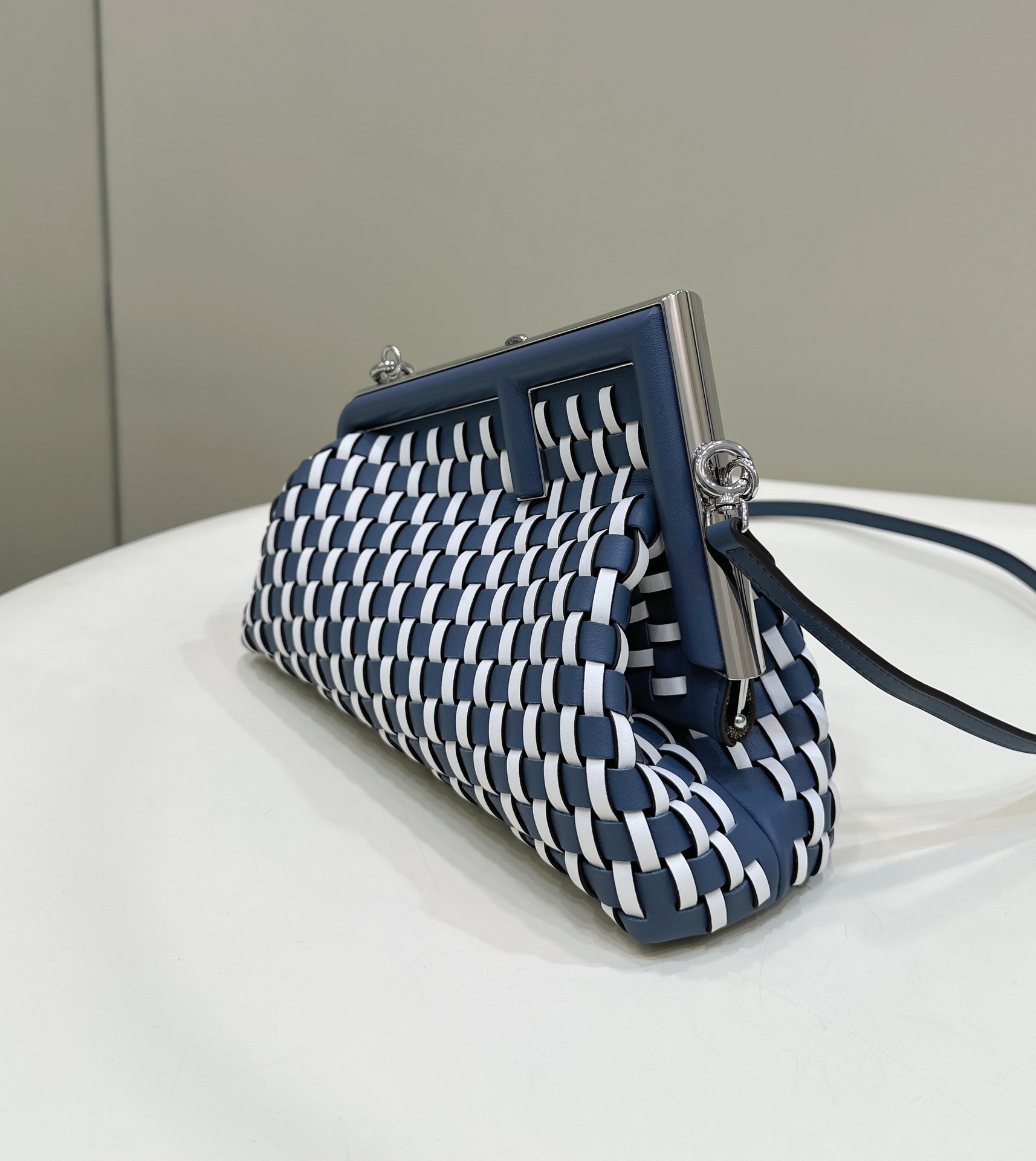 FENDI First Sight Handbag, Blue and White All Leather Handcrafted Weave Model no: 80103A