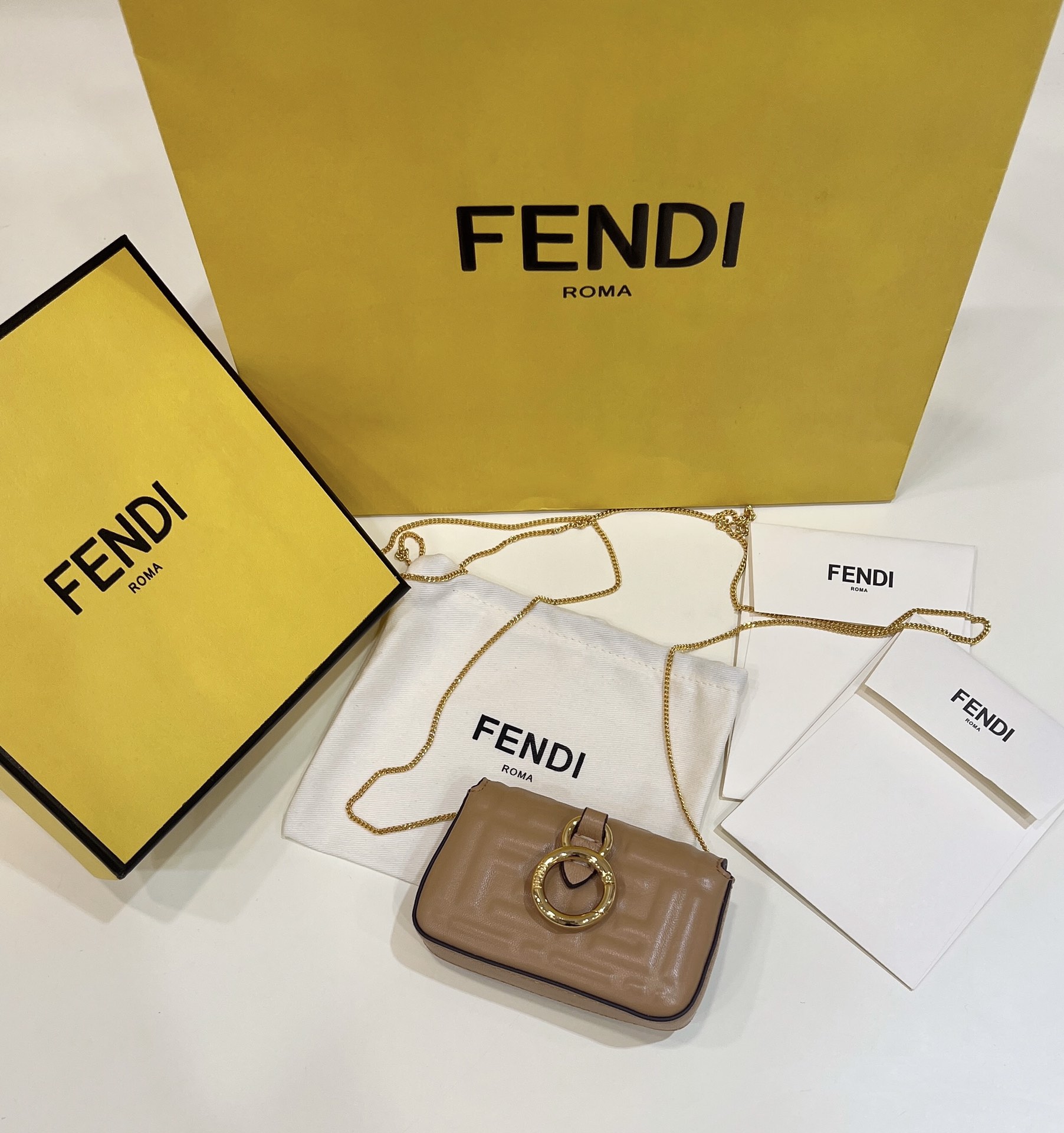 Fendi nano baguette, soft delicate lambskin with long chain shoulder strap Model no: 0136F