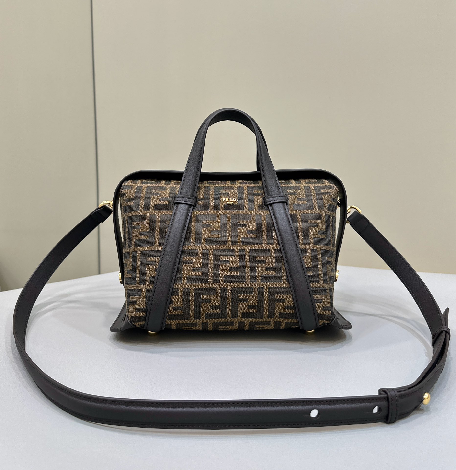 FENDI Boston Bag, classic double F fabric logo with dark brown leather, large magnetic closure Model no: 8627