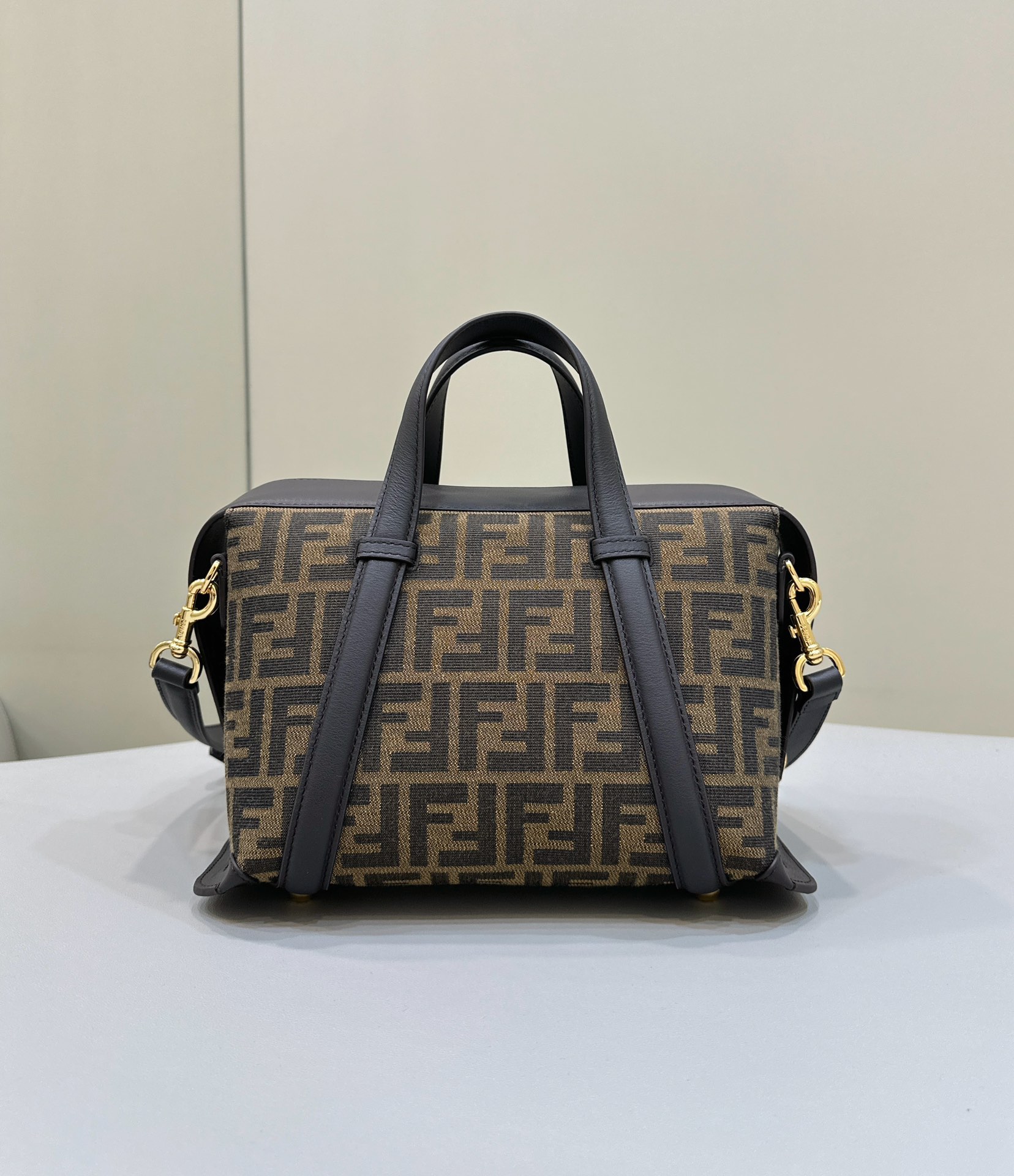 FENDI Boston Bag, classic double F fabric logo with dark brown leather, large magnetic closure Model no: 8627