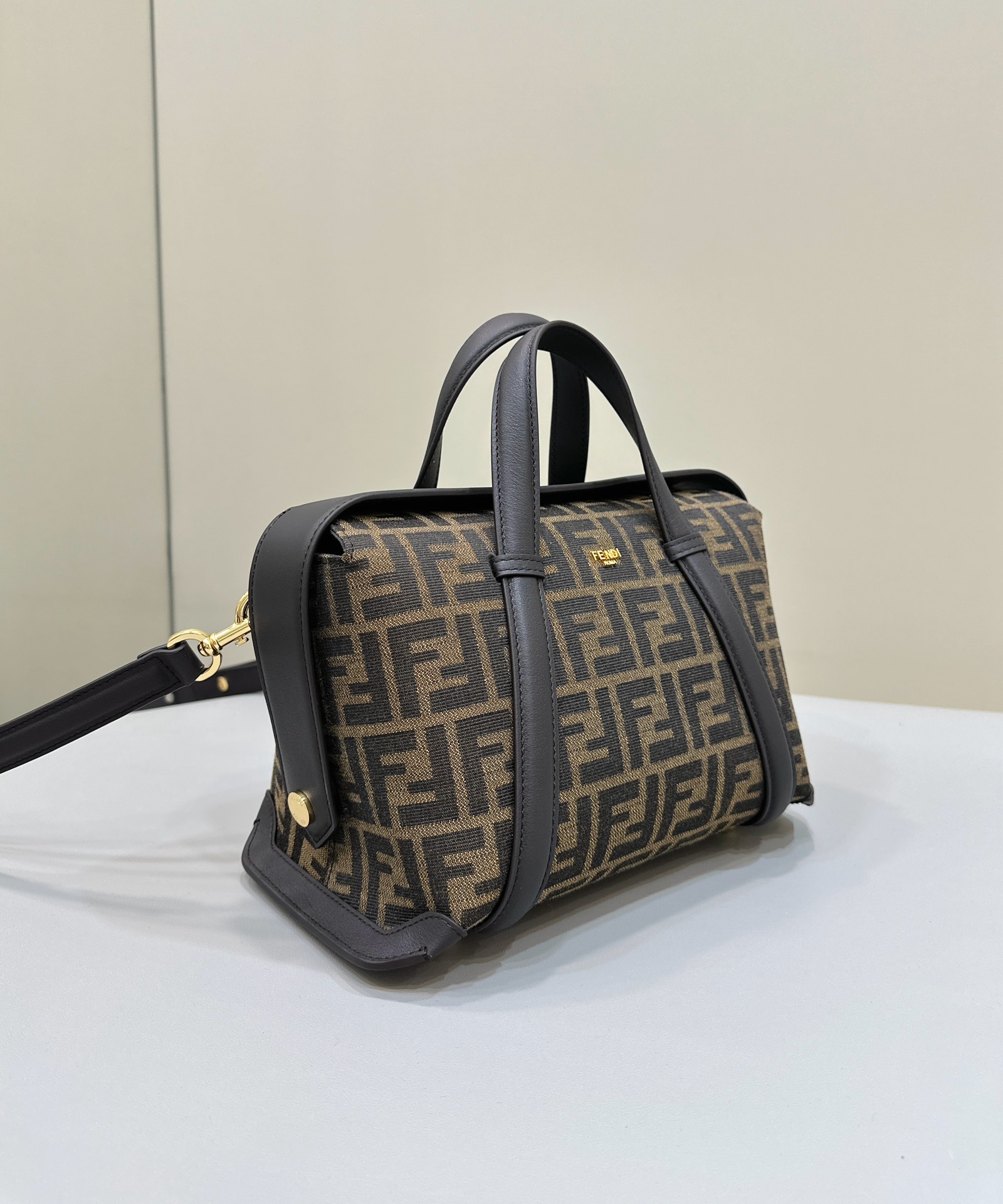 FENDI Boston Bag, classic double F fabric logo with dark brown leather, large magnetic closure Model no: 8627