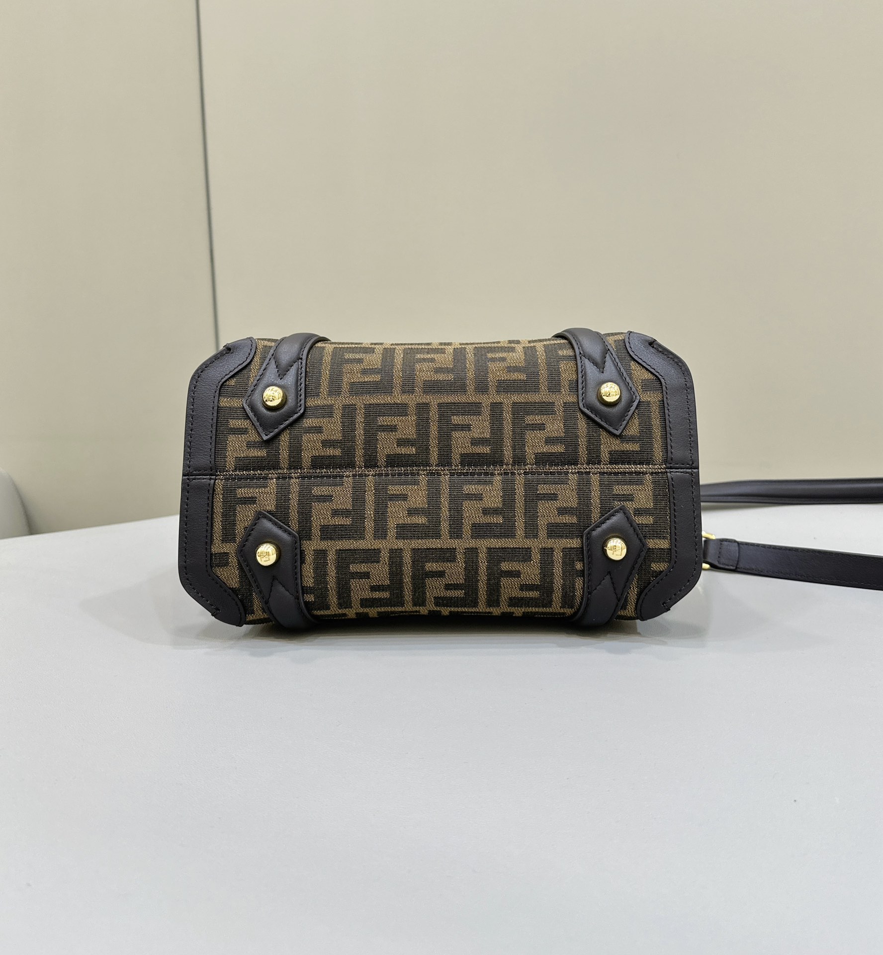 FENDI Boston Bag, classic double F fabric logo with dark brown leather, large magnetic closure Model no: 8627