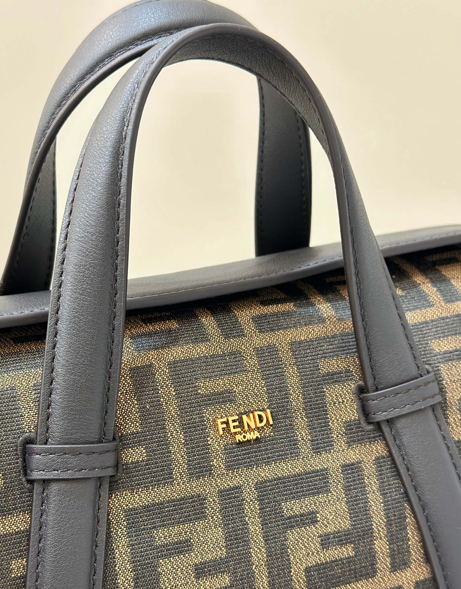 FENDI Boston Bag, classic double F fabric logo with dark brown leather, large magnetic closure Model no: 8627