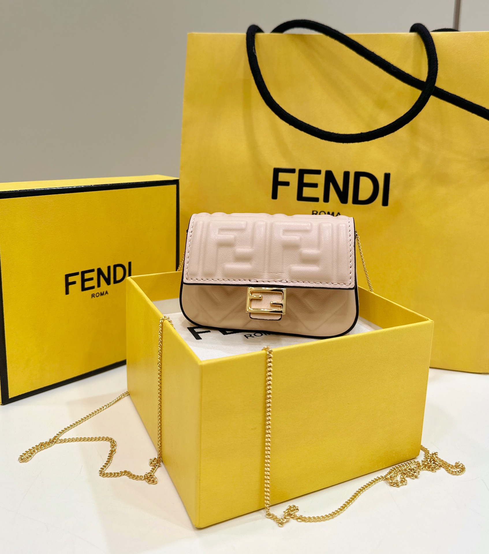 Fendi Nano Baguette Soft Lamb Leather Decorated with Long Chain Strap Model no: 0136F