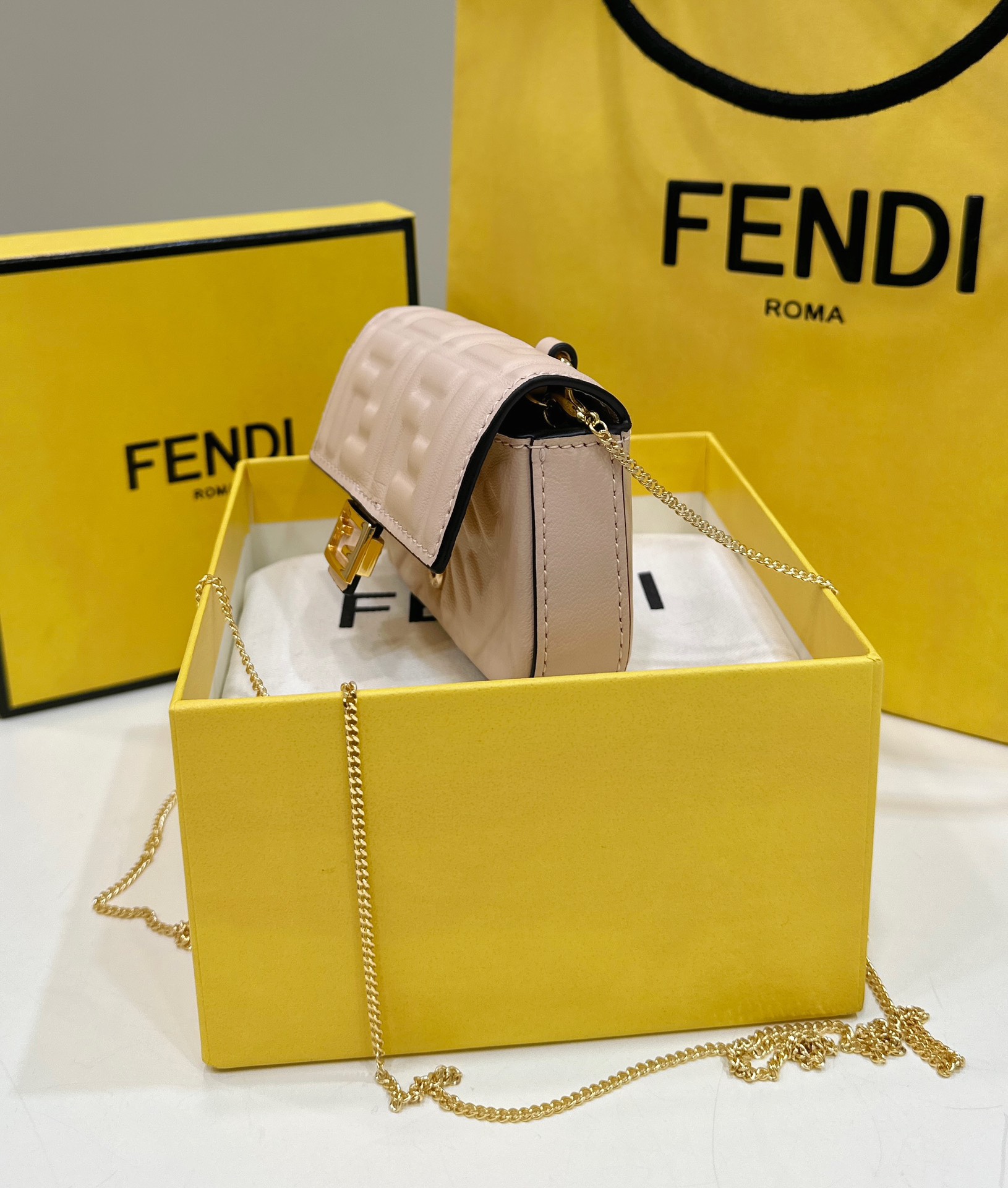 Fendi Nano Baguette Soft Lamb Leather Decorated with Long Chain Strap Model no: 0136F