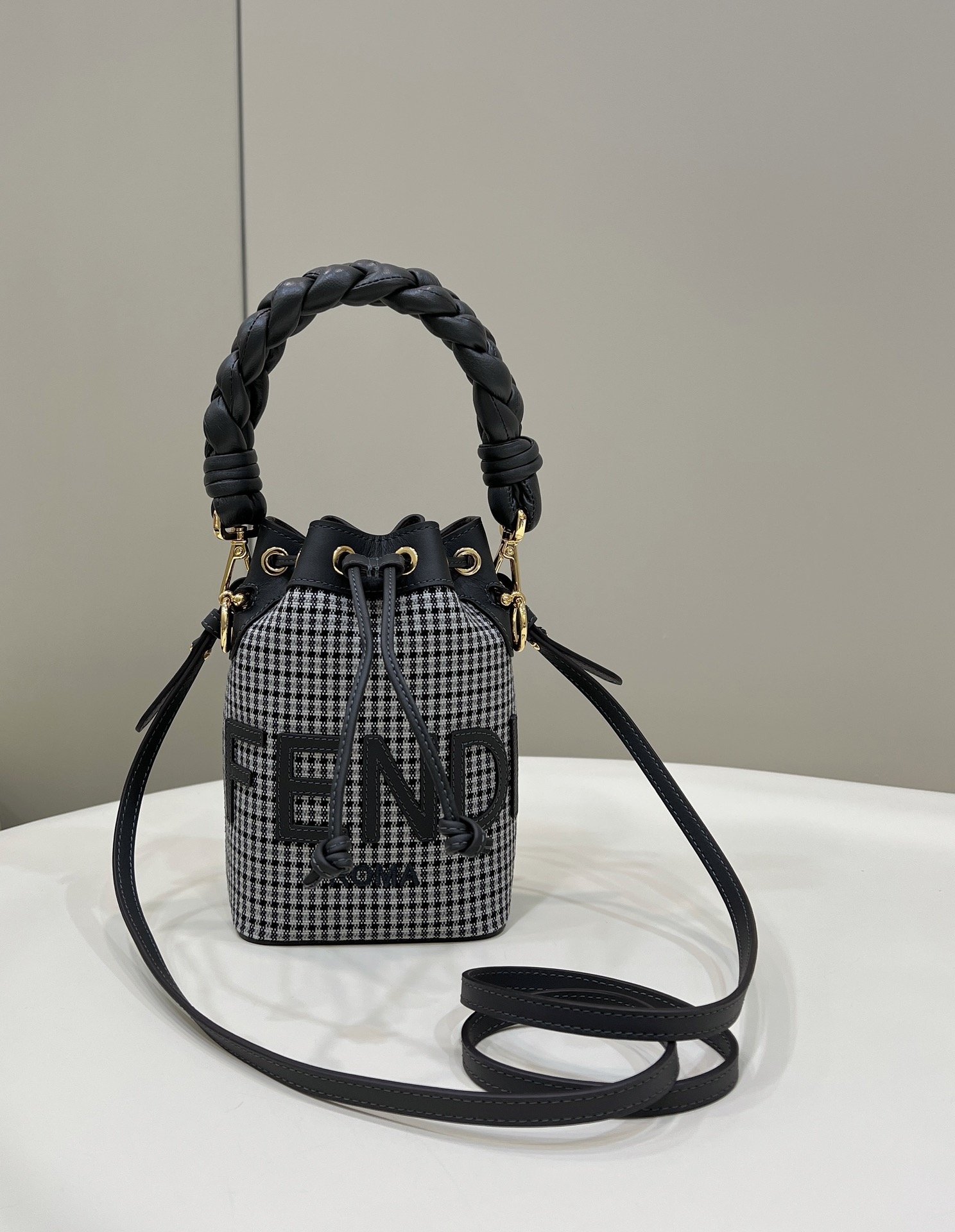 Mini Bucket Bag Houndstooth Calfskin Mixed with High-Quality Fabric Model no: 8591