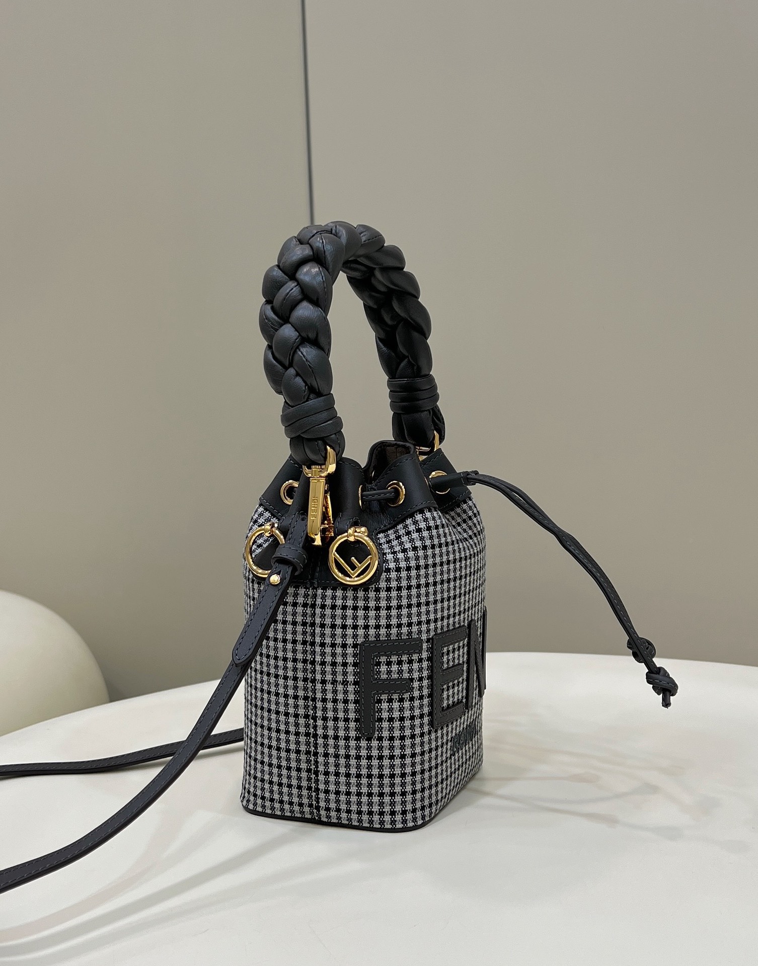 Mini Bucket Bag Houndstooth Calfskin Mixed with High-Quality Fabric Model no: 8591