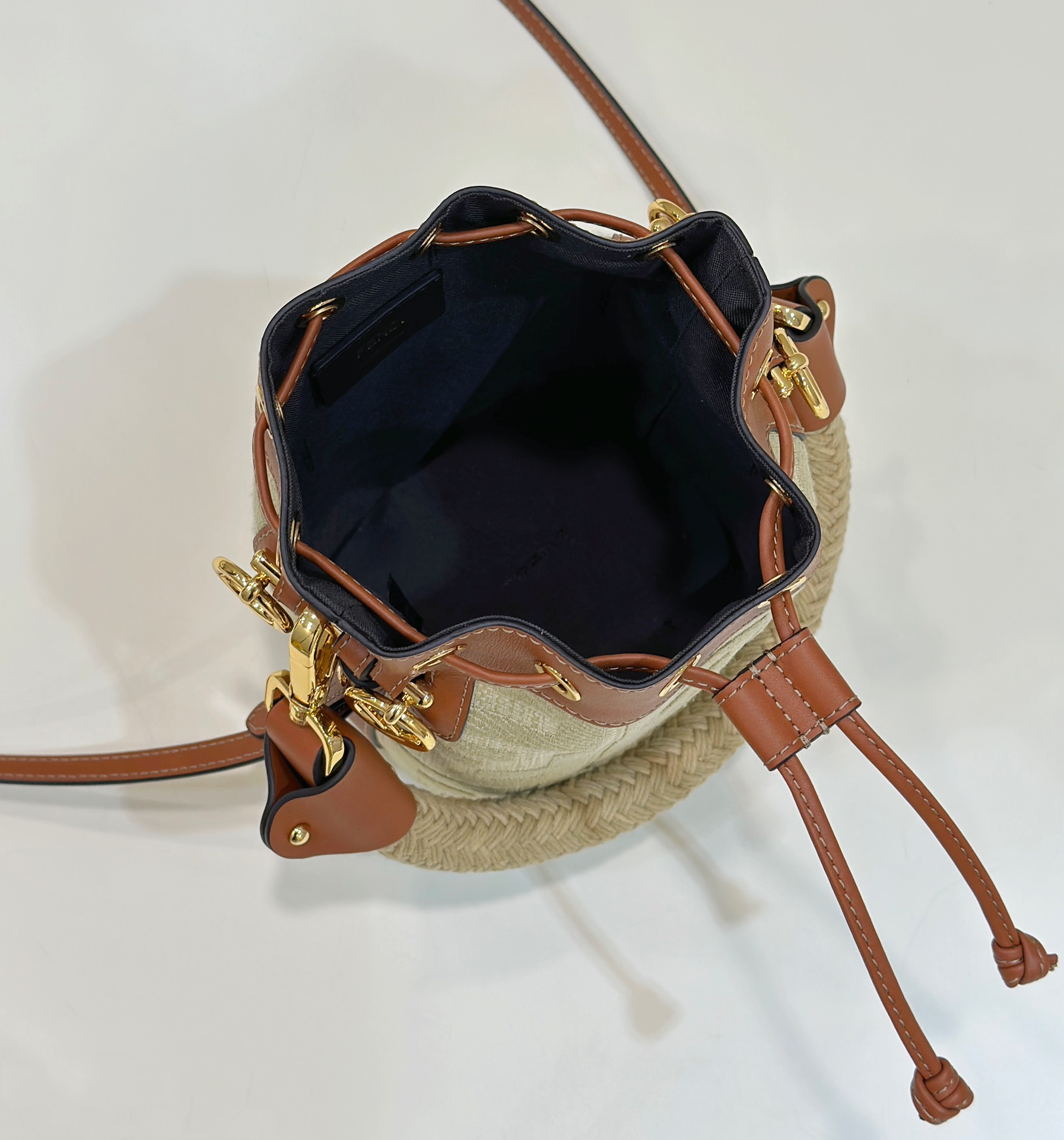 Mini Bucket Bag, Washed Denim Embroidered with Double F Logo Model no: 038E