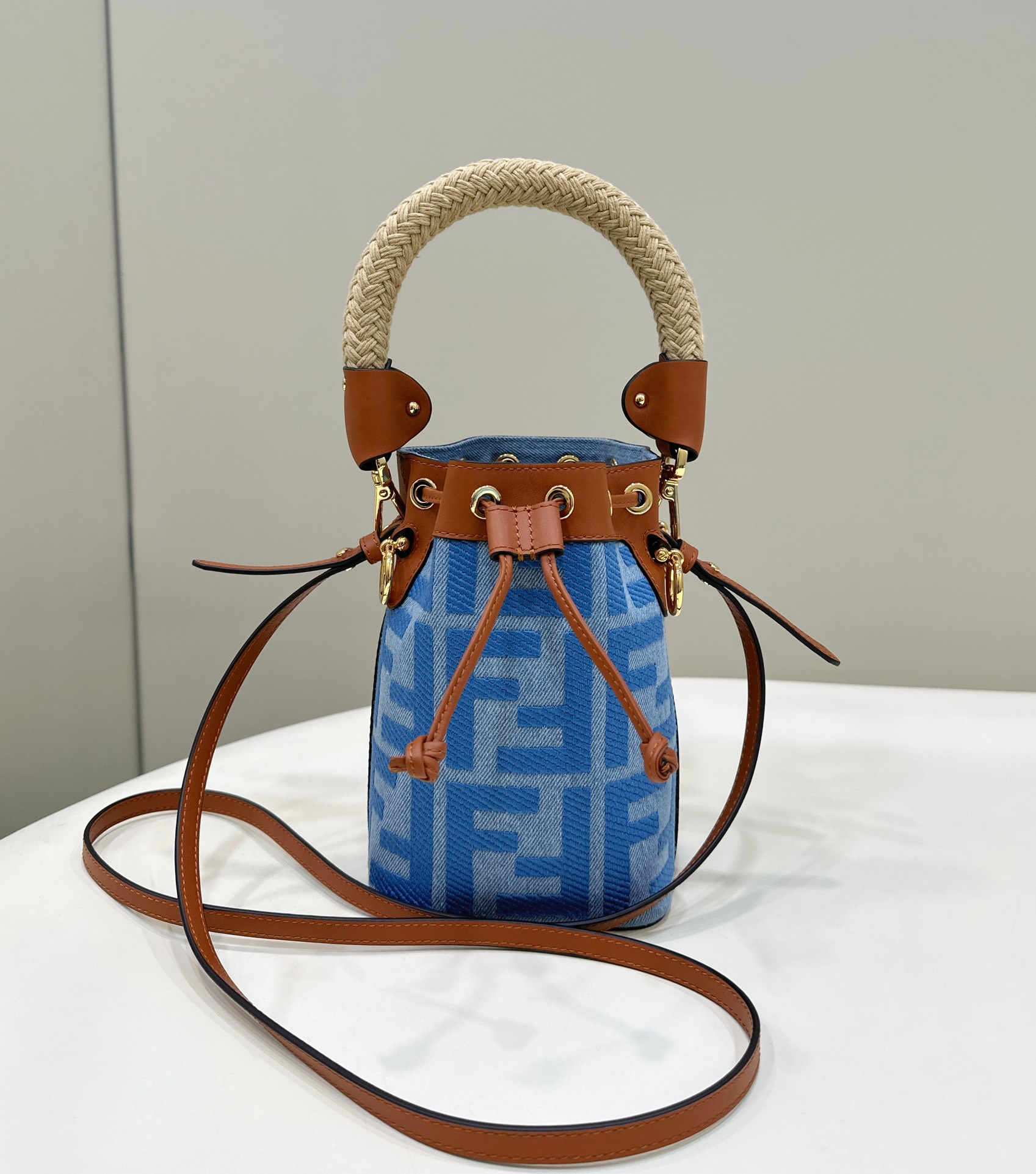 Mini Bucket Bag, Washed Denim Embroidered with Double F Logo Model no: 038E