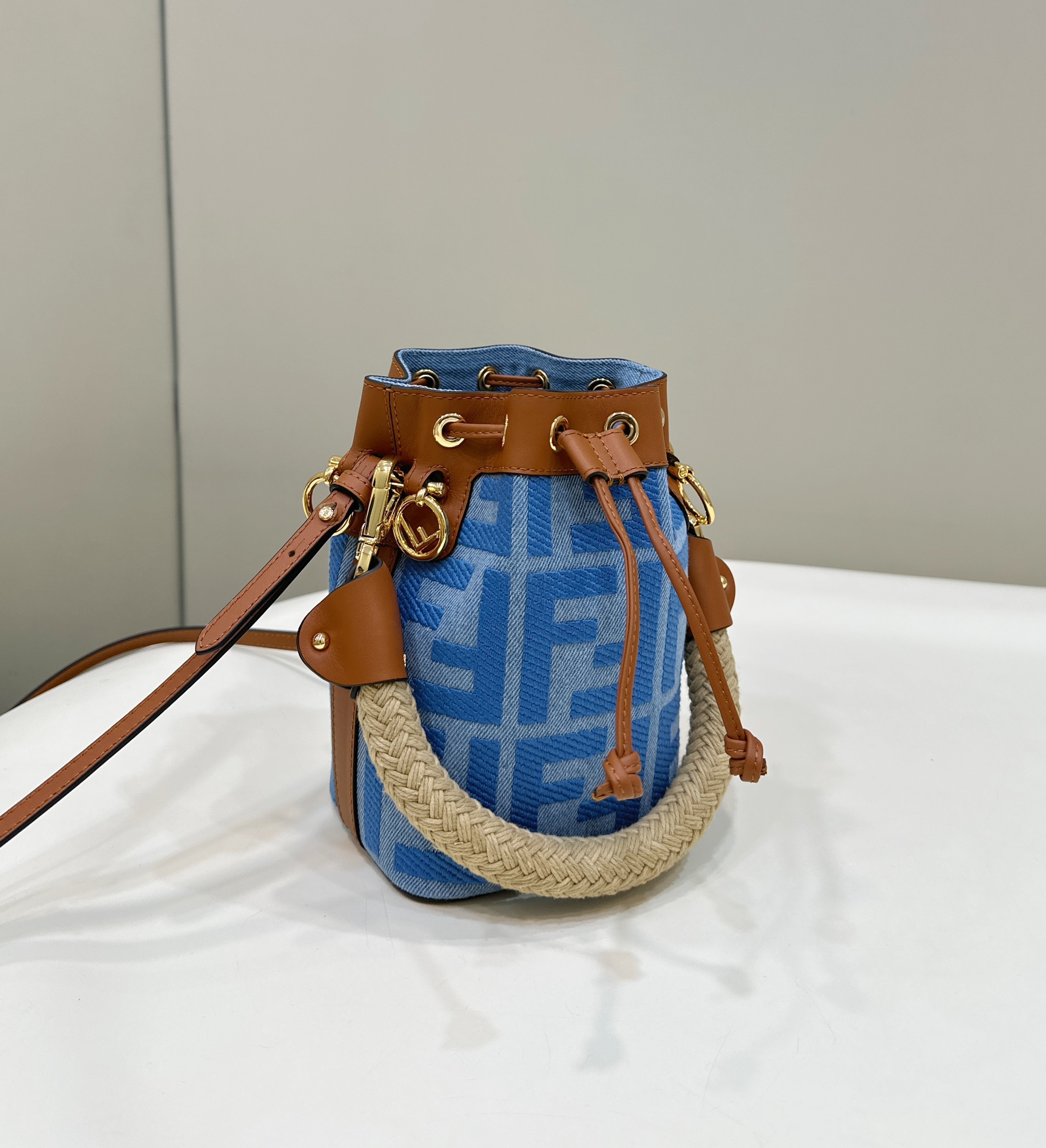 Mini Bucket Bag, Washed Denim Embroidered with Double F Logo Model no: 038E